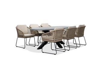 Stockholm/Tulum Sahara Dust dining tuinset | 6 personen | betonlook + touw | 200cm ovaal