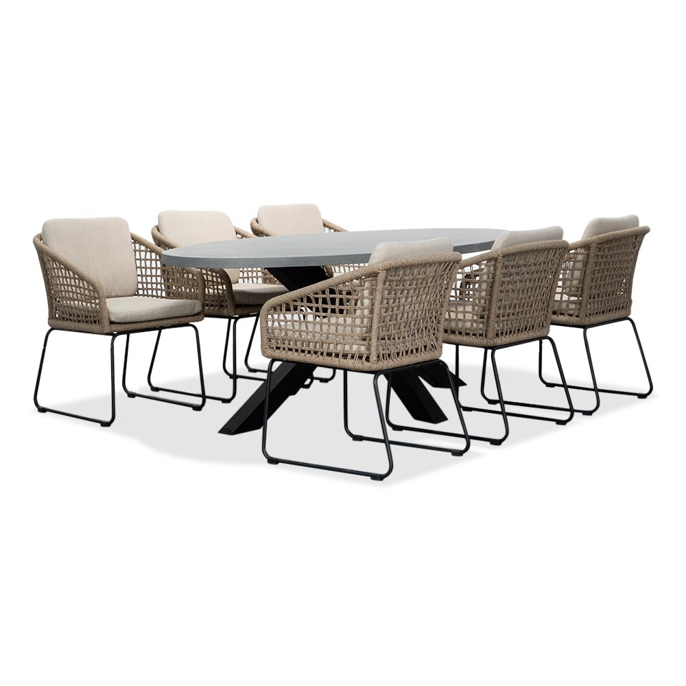 Stockholm/Tulum Sahara Dust dining tuinset | 6 personen | betonlook + touw | 200cm ovaal