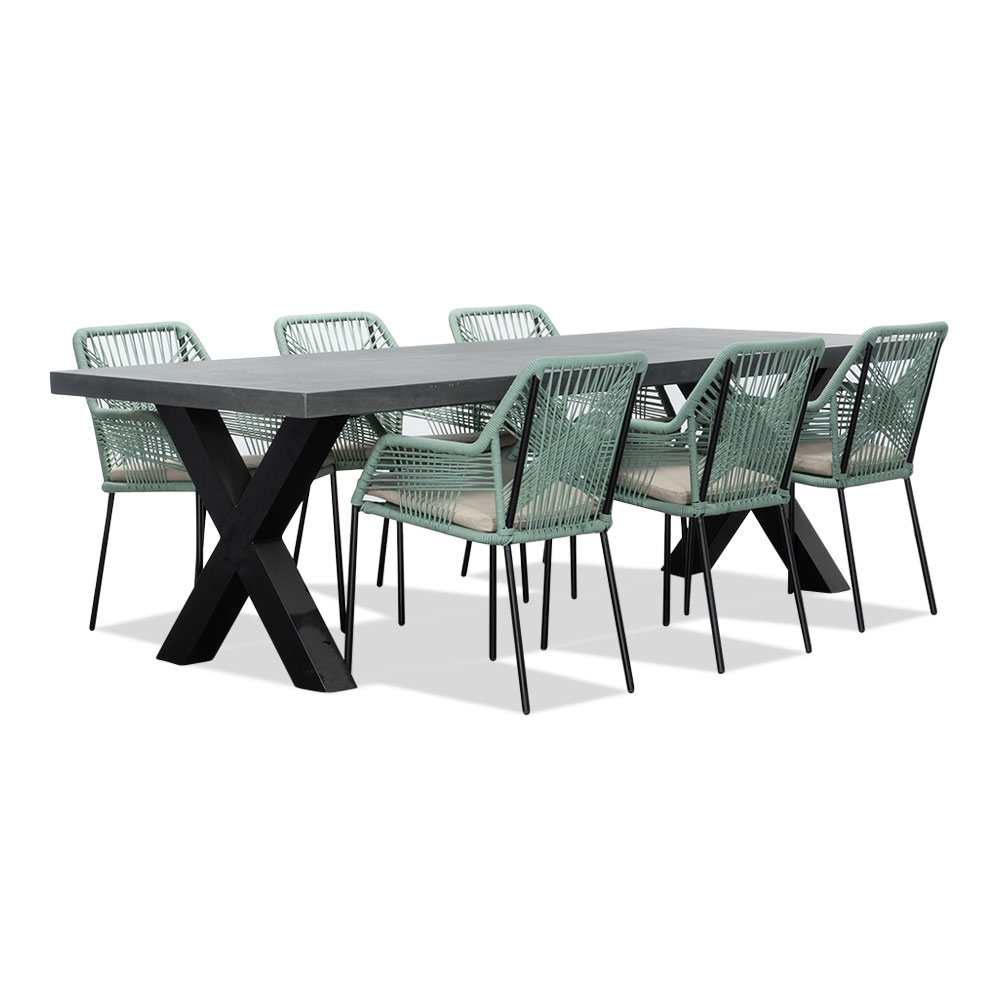 Lyon/Seville mint dining tuinset | 6 personen | betonlook + touw | 250cm