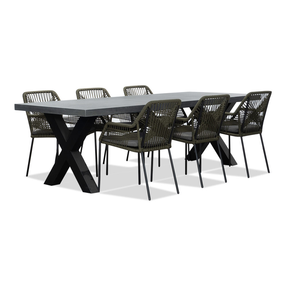 Lyon/Seville olijfgroen dining tuinset | 6 personen | betonlook + touw | 250cm