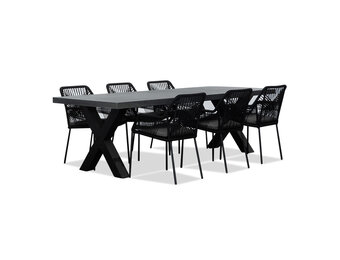 Lyon/Seville zwart dining tuinset | 6 personen | betonlook + touw | 250cm