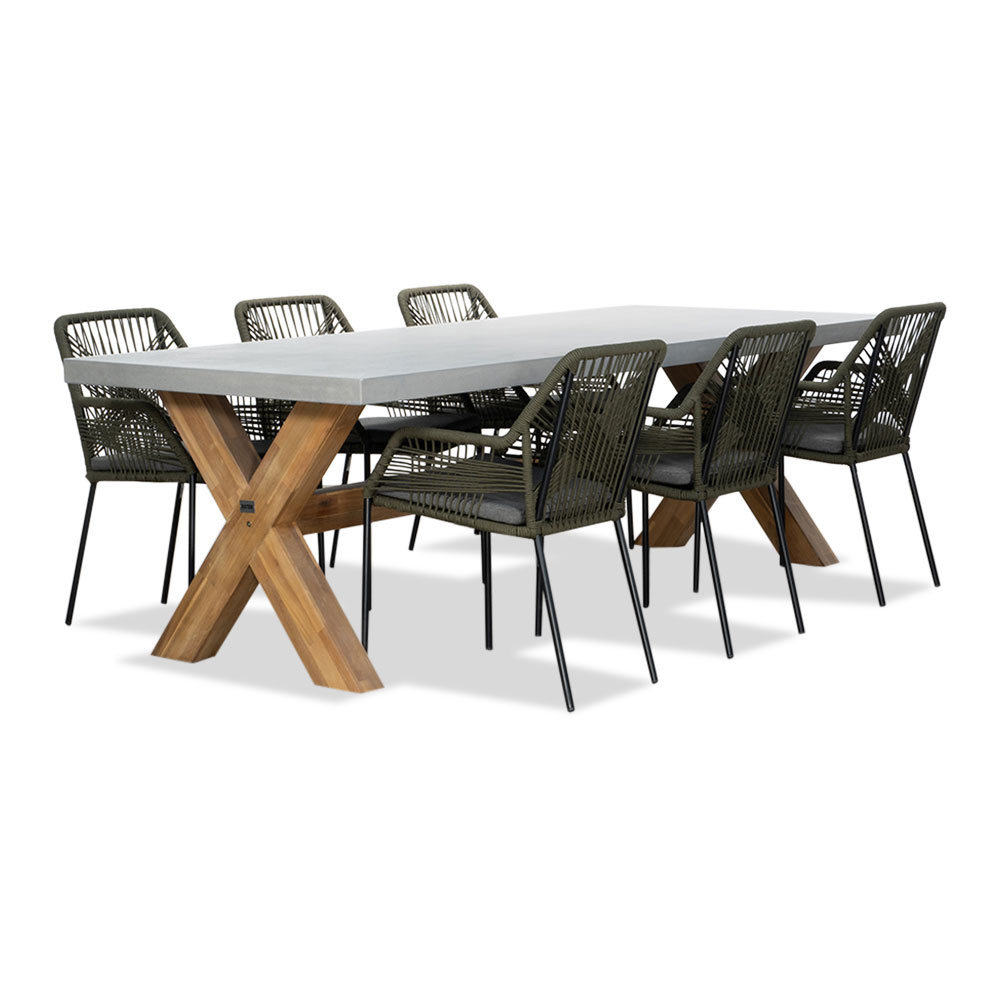 Norwich/Seville olijfgroen dining tuinset | 6 personen | betonlook + touw | 250cm