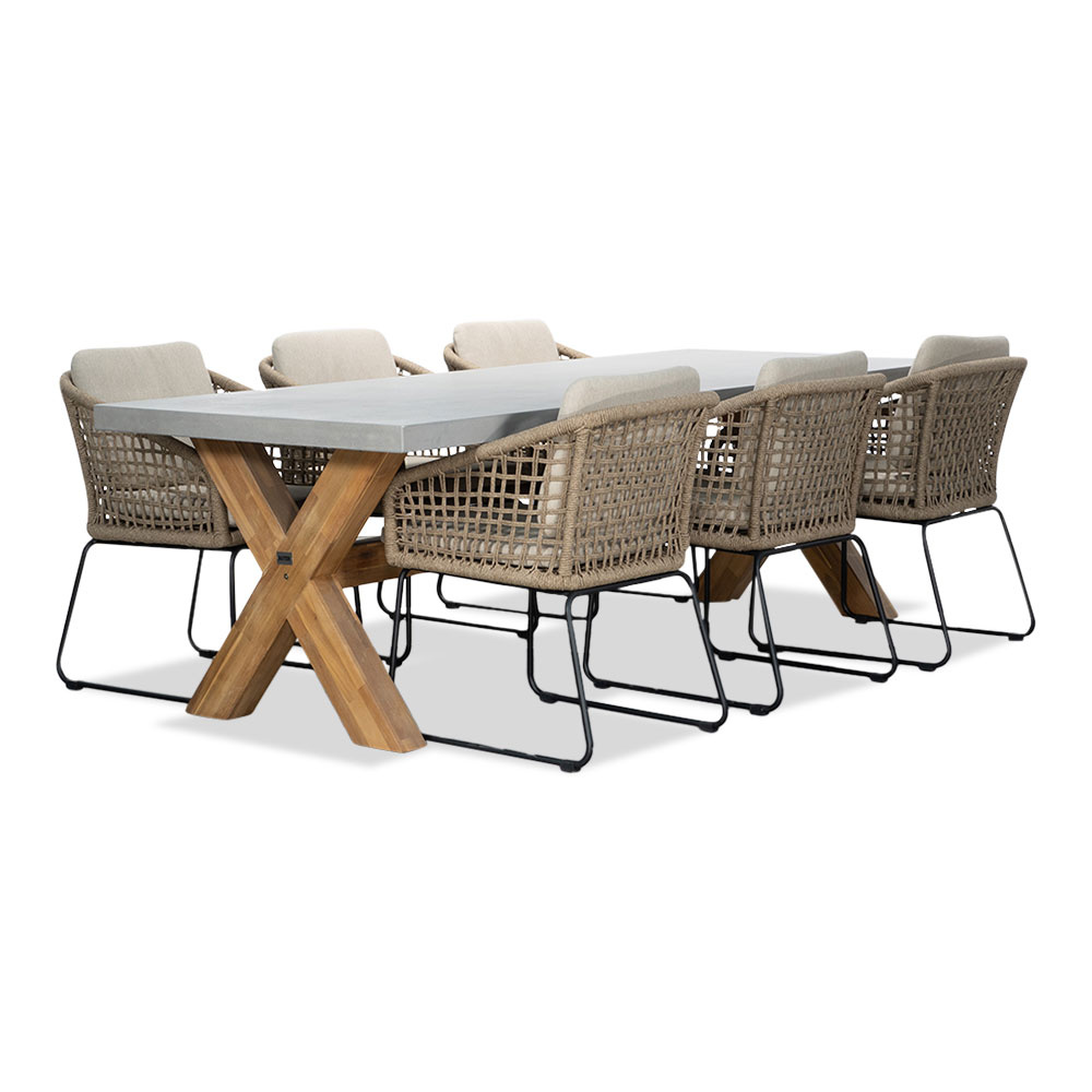 Norwich/Tulum Sahara Dust dining tuinset | 6 personen | betonlook + touw | 250cm