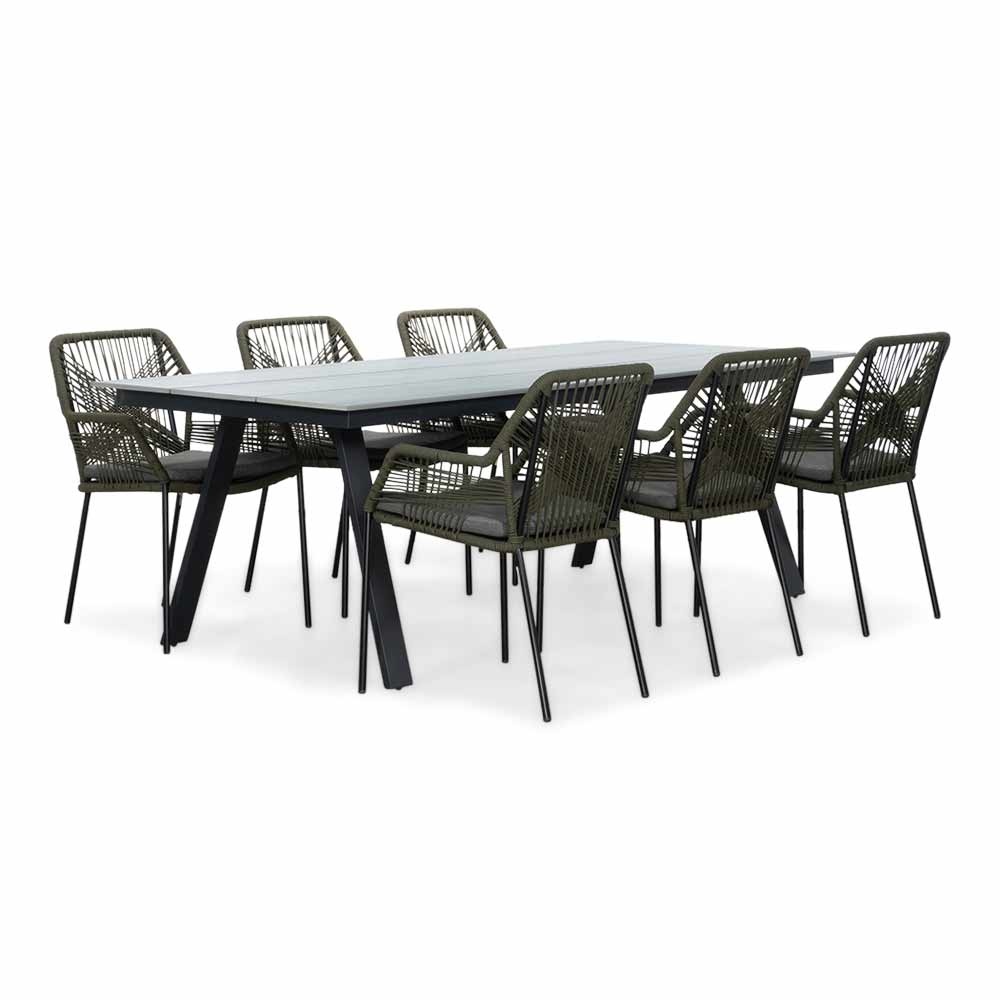 Oslo Grey/Seville olijfgroen dining tuinset | 6 personen | polywood + touw | 220cm