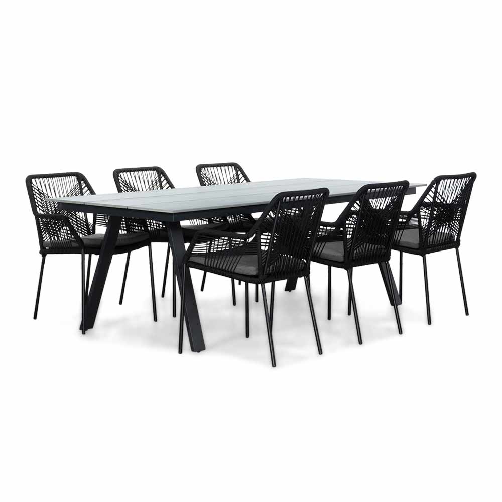 Oslo Grey/Seville zwart dining tuinset | 6 personen | polywood + touw | 220cm