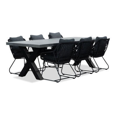 Lyon/Portofino zwart dining tuinset | 6 personen | betonlook + touw | 250cm