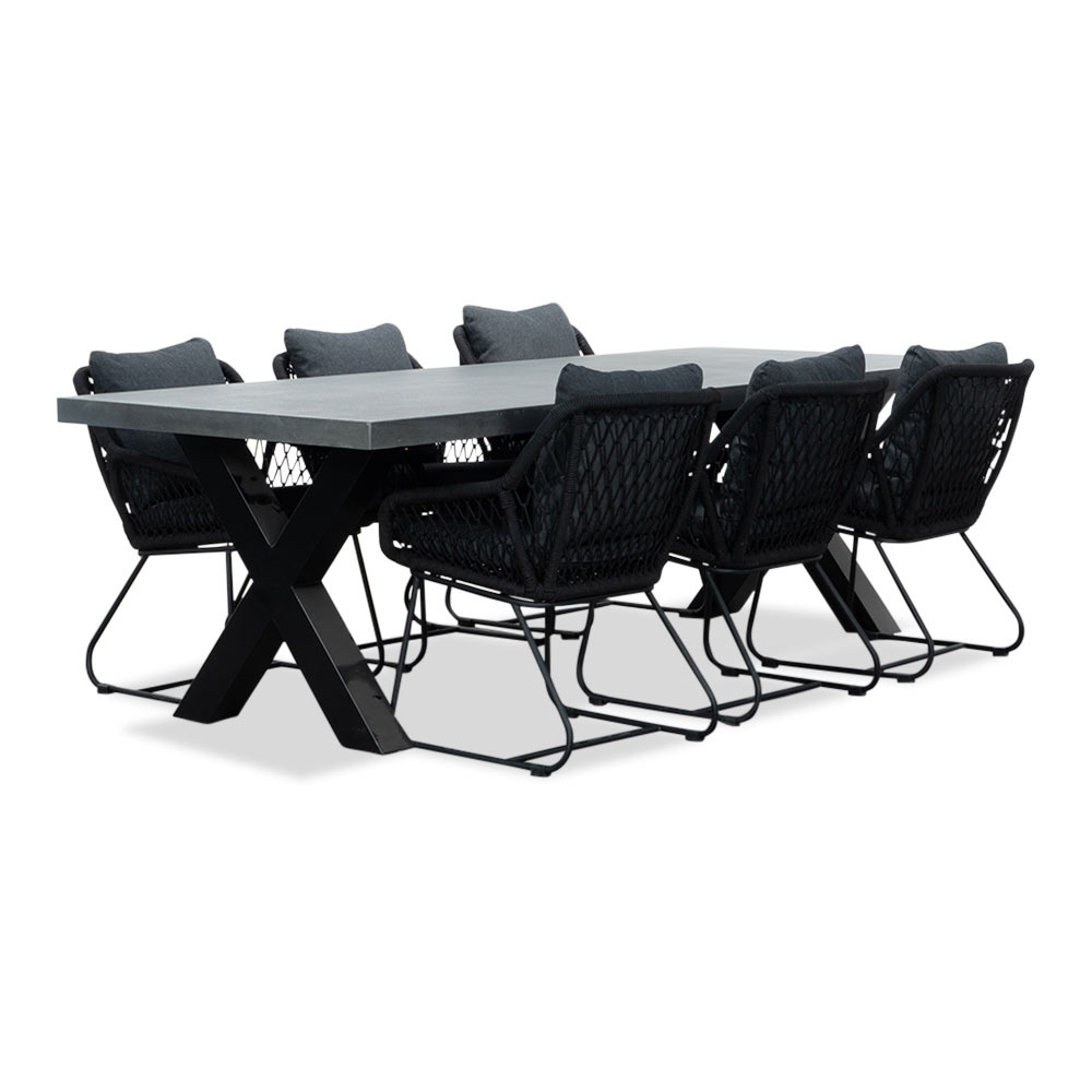 Lyon/Portofino zwart dining tuinset | 6 personen | betonlook + touw | 250cm