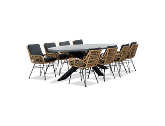 Stockholm/Carlos antraciet dining tuinset | 8 personen | betonlook + wicker | 280cm ovaal