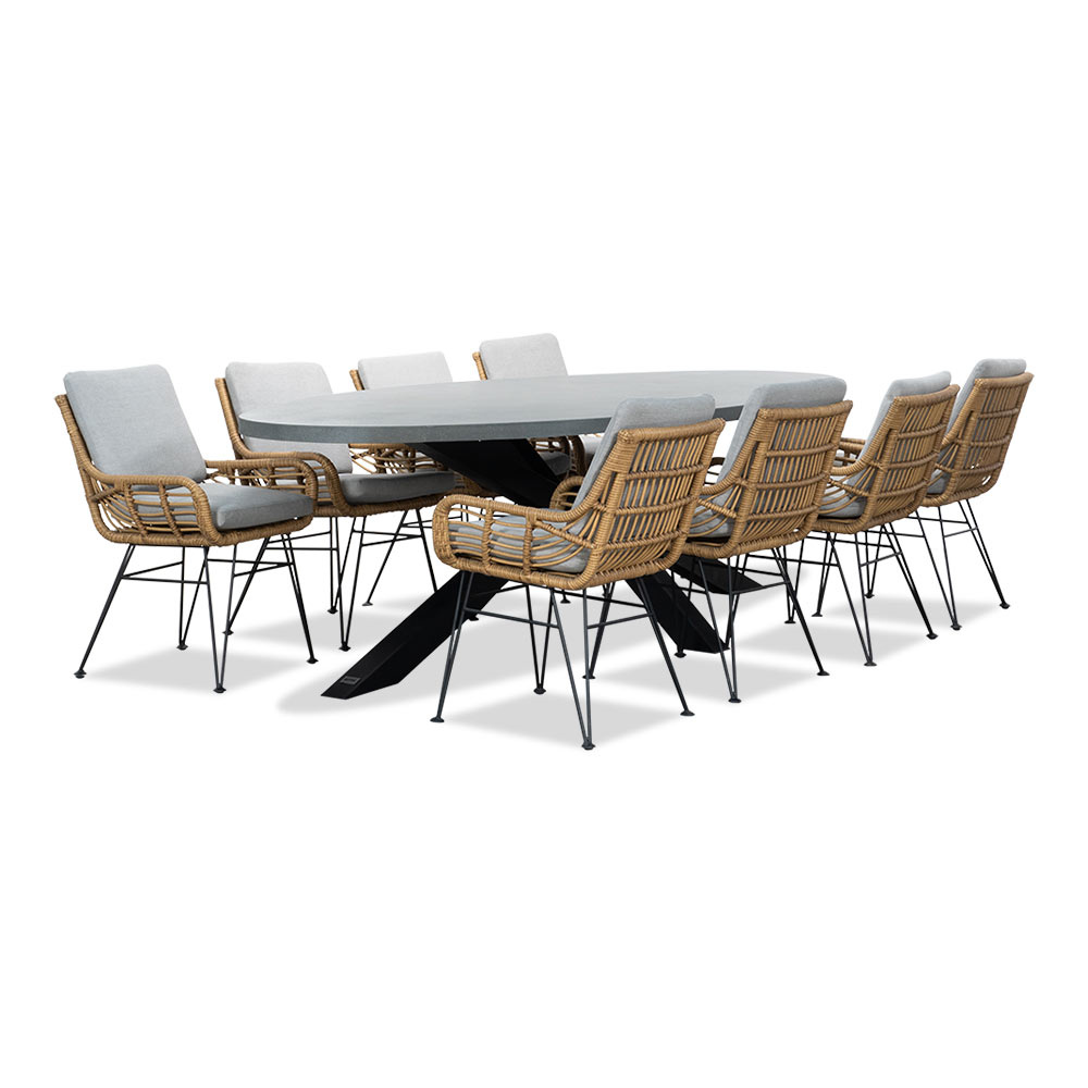 Stockholm/Carlos taupe dining tuinset | 8 personen | betonlook + wicker | 280cm ovaal