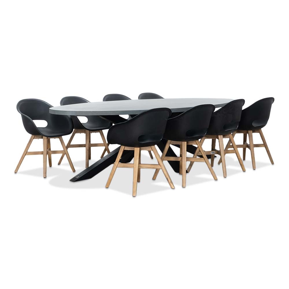 BUITEN living Stockholm/Karlstad zwart dining tuinset | 8 personen | betonlook + kunststof | 280cm ovaal