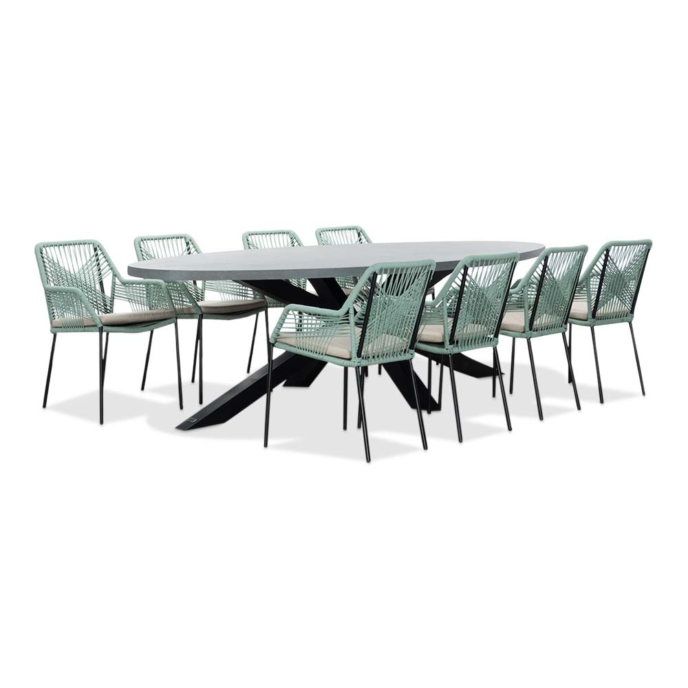 BUITEN living Stockholm/Seville mint dining tuinset | 8 personen | betonlook + touw | 280cm ovaal – Zand