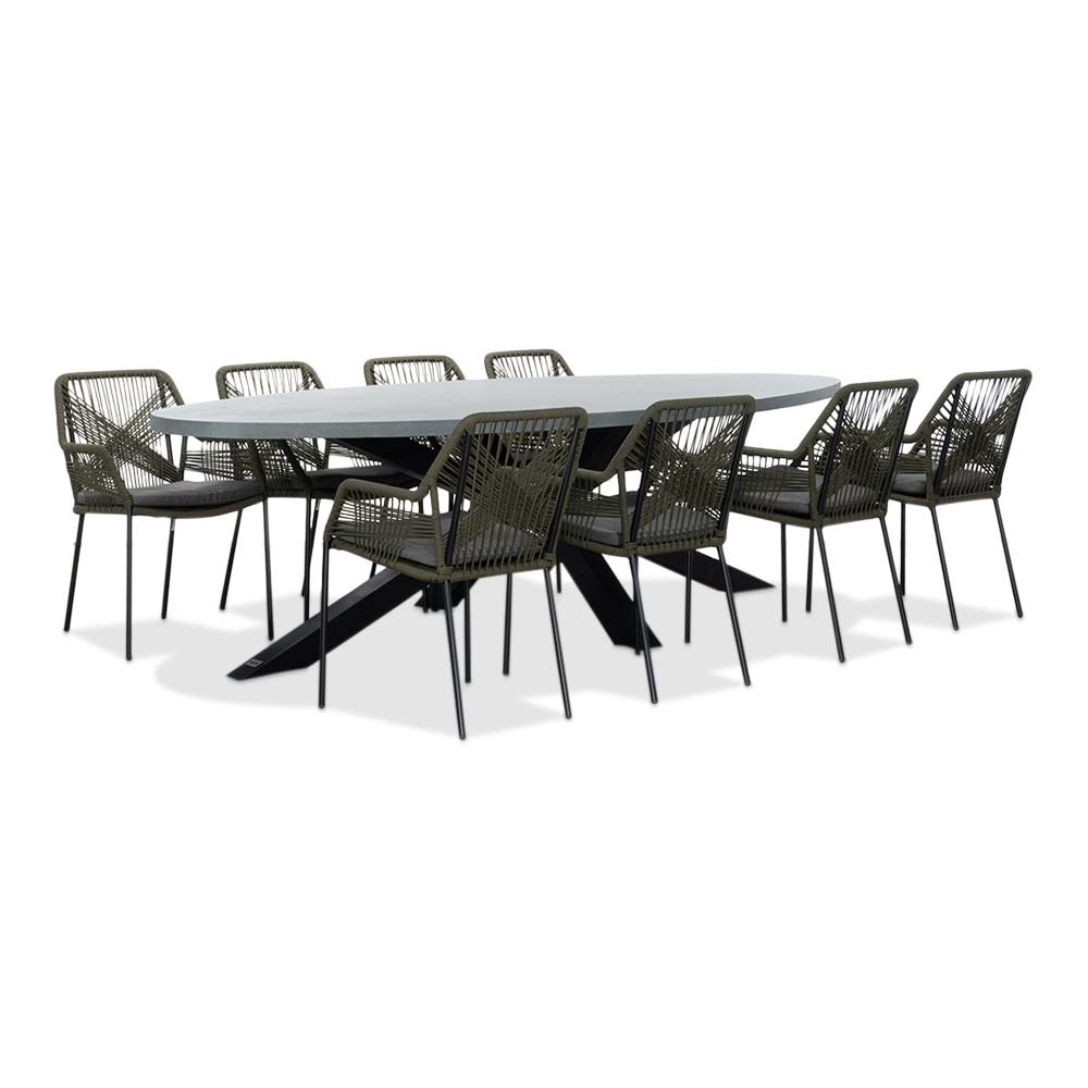 Stockholm/Seville olijfgroen dining tuinset | 8 personen | betonlook + touw | 280cm ovaal
