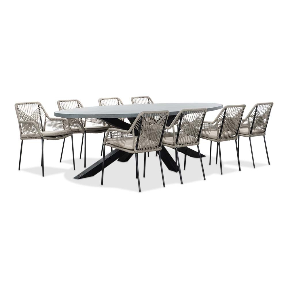 BUITEN living Stockholm/Seville zand dining tuinset | 8 personen | betonlook + touw | 280cm ovaal – Zwart