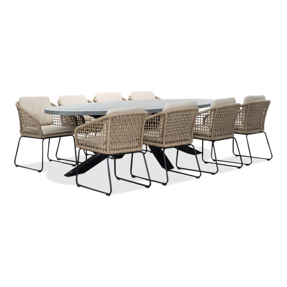BUITEN living Stockholm/Tulum Sahara Dust dining tuinset | 8 personen | betonlook + touw | 280cm ovaal – Zand