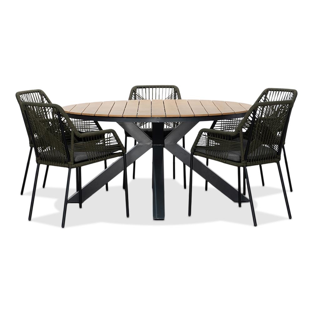 Arezzo/Seville olijfgroen dining tuinset | 5 personen | polywood + touw | 150cm rond
