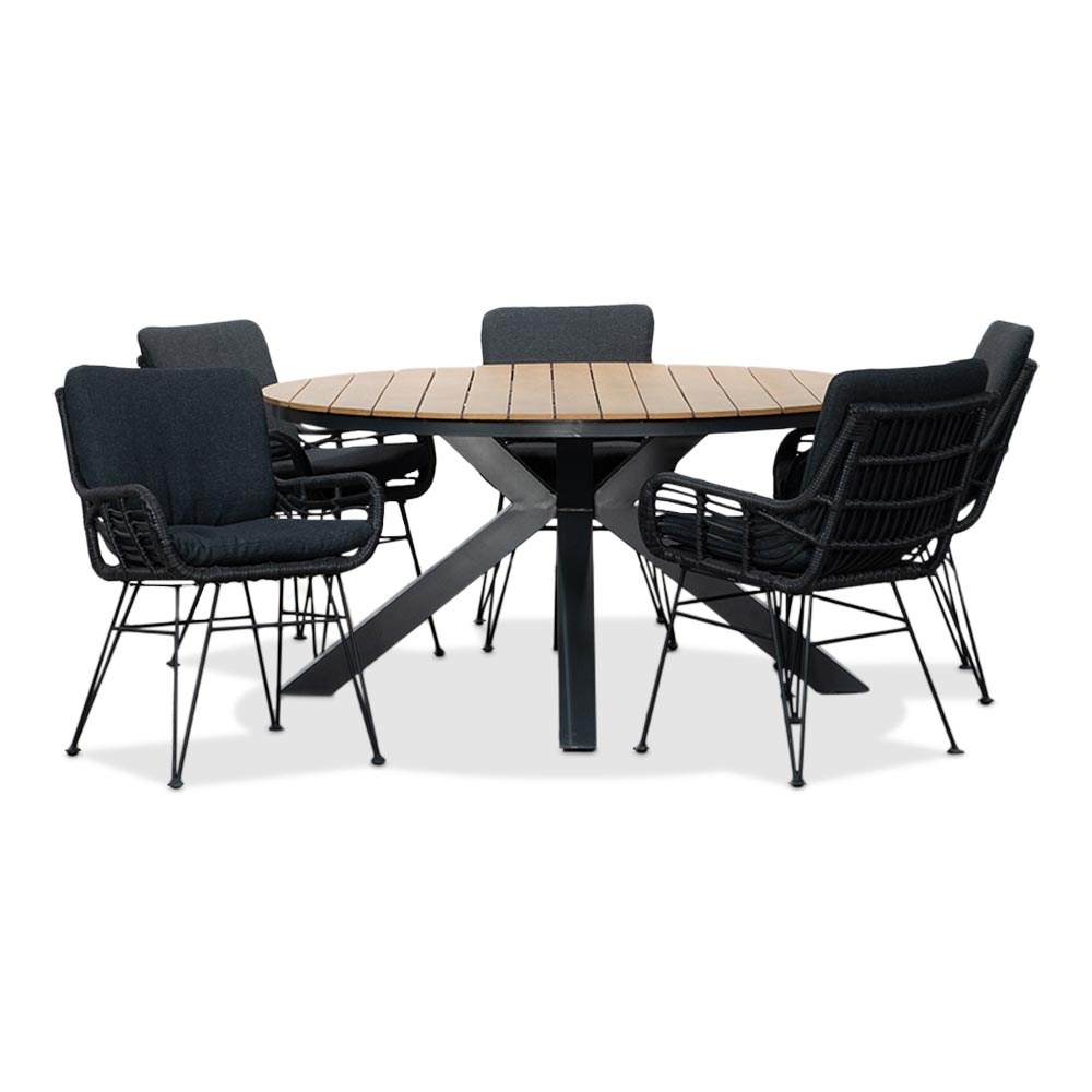 Arezzo/Carlos Charcoal dining tuinset | 5 personen | polywood + wicker | 150cm rond