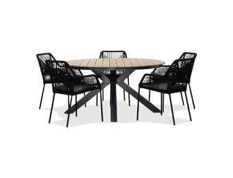 Arezzo/Seville zwart dining tuinset | 5 personen | polywood + touw | 150cm rond