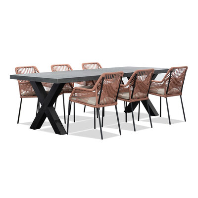 Lyon/Seville terra dining tuinset | 6 personen | betonlook + touw | 250cm
