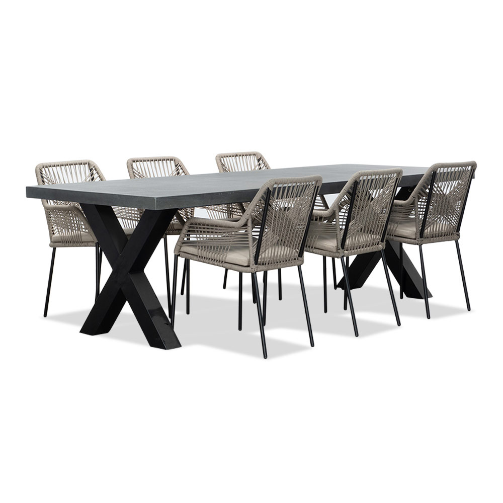 Lyon/Seville zand dining tuinset | 6 personen | betonlook + touw | 250cm