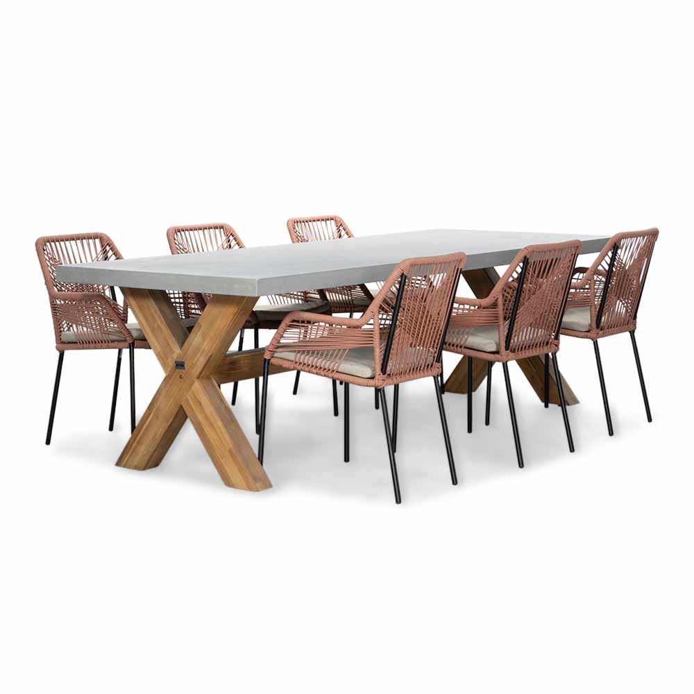 Norwich/Seville terra dining tuinset | 6 personen | betonlook + touw | 250cm afbeelding