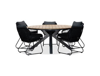 Arezzo/Portofino zwart dining tuinset | 5 personen | polywood + touw | 150cm rond