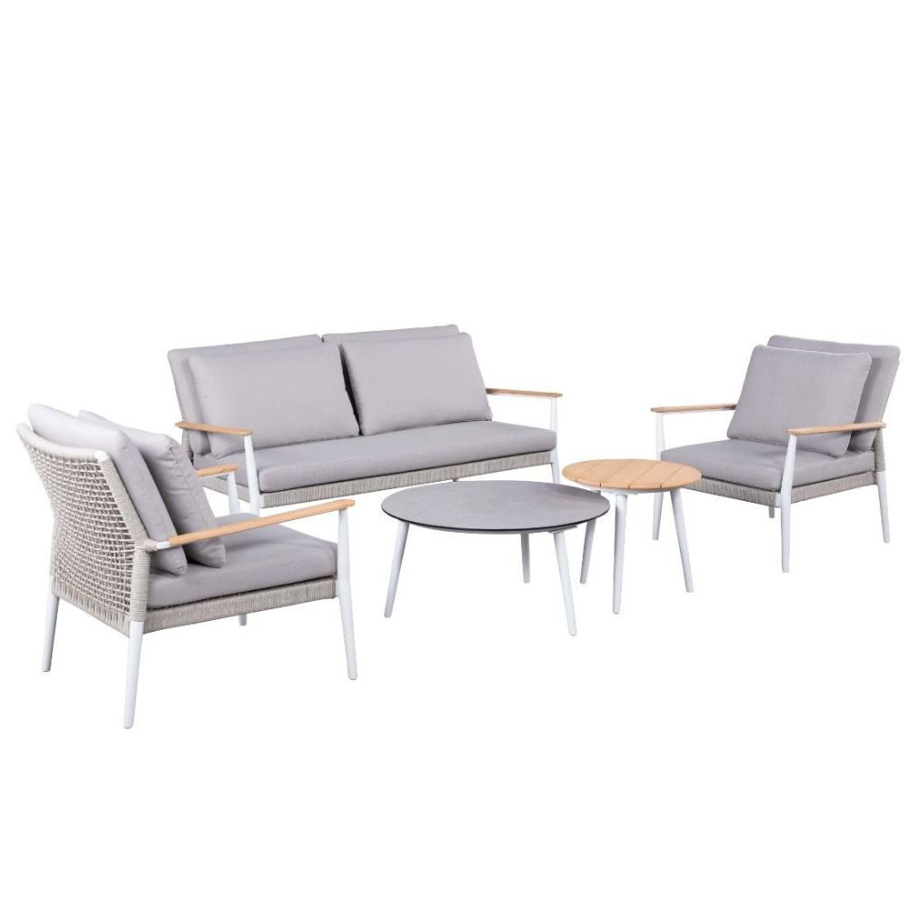 Sandro stoel-bank loungeset 4 personen | aluminium + teakhout | wit/grijs kussen | 5-delig