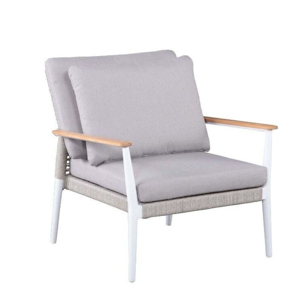 Sandro stoel-bank loungeset 4 personen | aluminium + teakhout | wit/grijs kussen | 5-delig