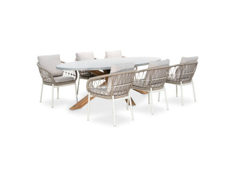 Livorno/Dakota beige/wit dining tuinset | 6 personen | betonlook + touw | 240cm ovaal