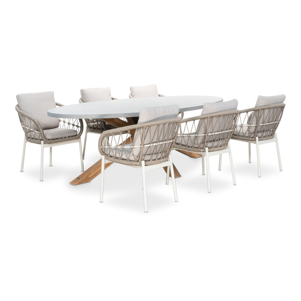 Livorno/Dakota beige/wit dining tuinset | 6 personen | betonlook + touw | 240cm ovaal afbeelding