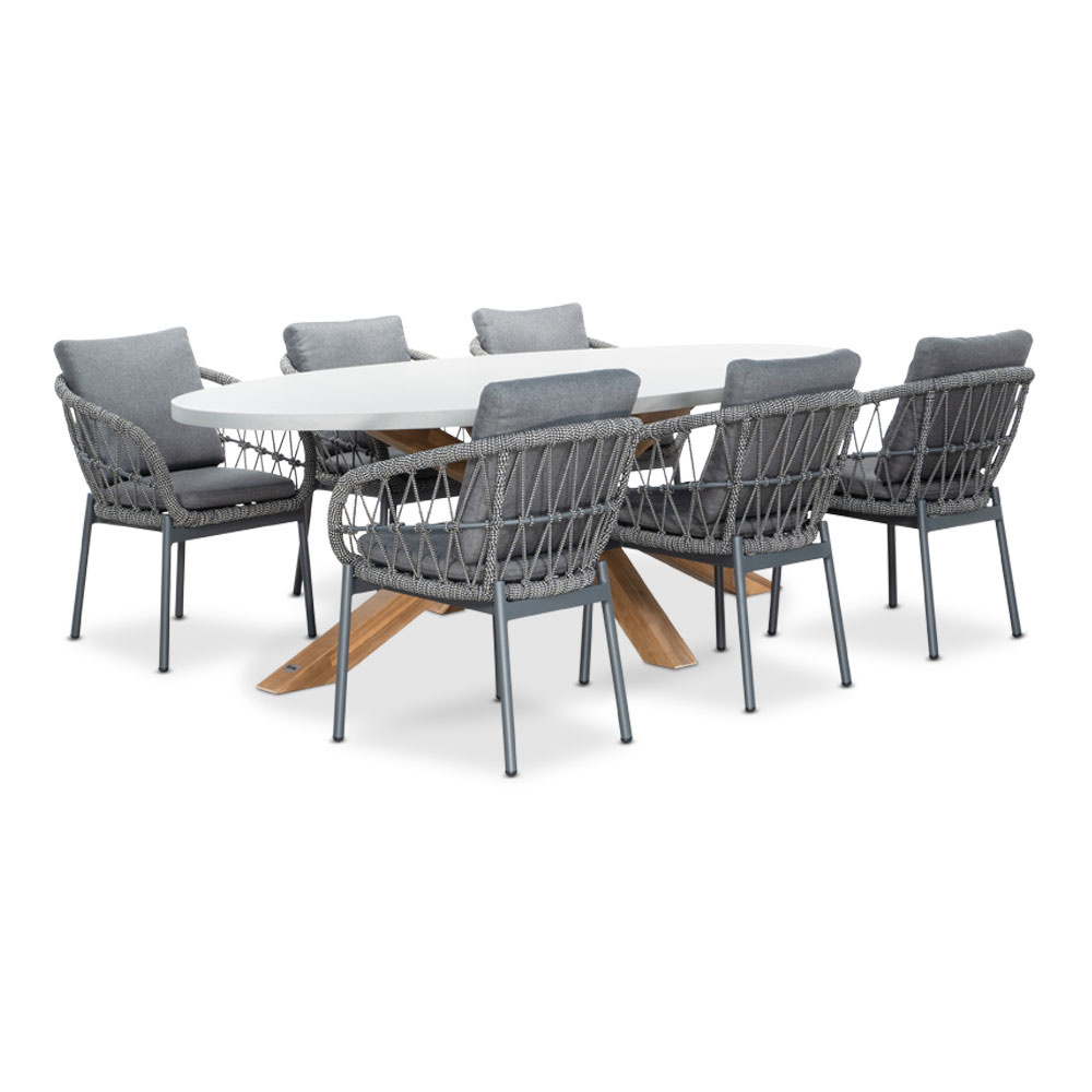Livorno/Dakota grijs dining tuinset | 6 personen | betonlook + touw | 240cm ovaal