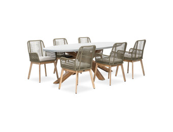 Livorno/Padua olijfgroen dining tuinset | 6 personen | betonlook + touw | 240cm ovaal