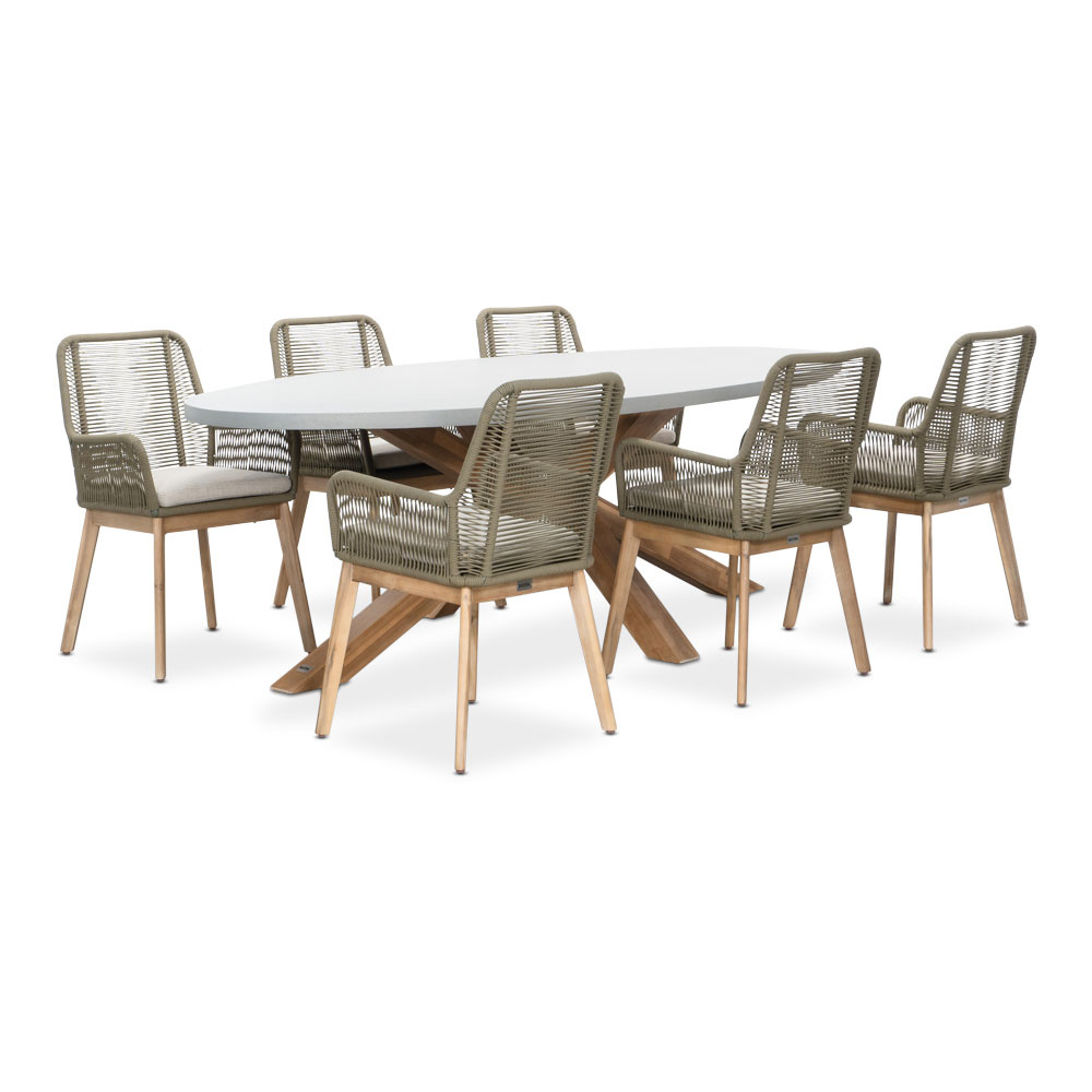 Livorno/Padua olijfgroen dining tuinset | 6 personen | betonlook + touw | 240cm ovaal