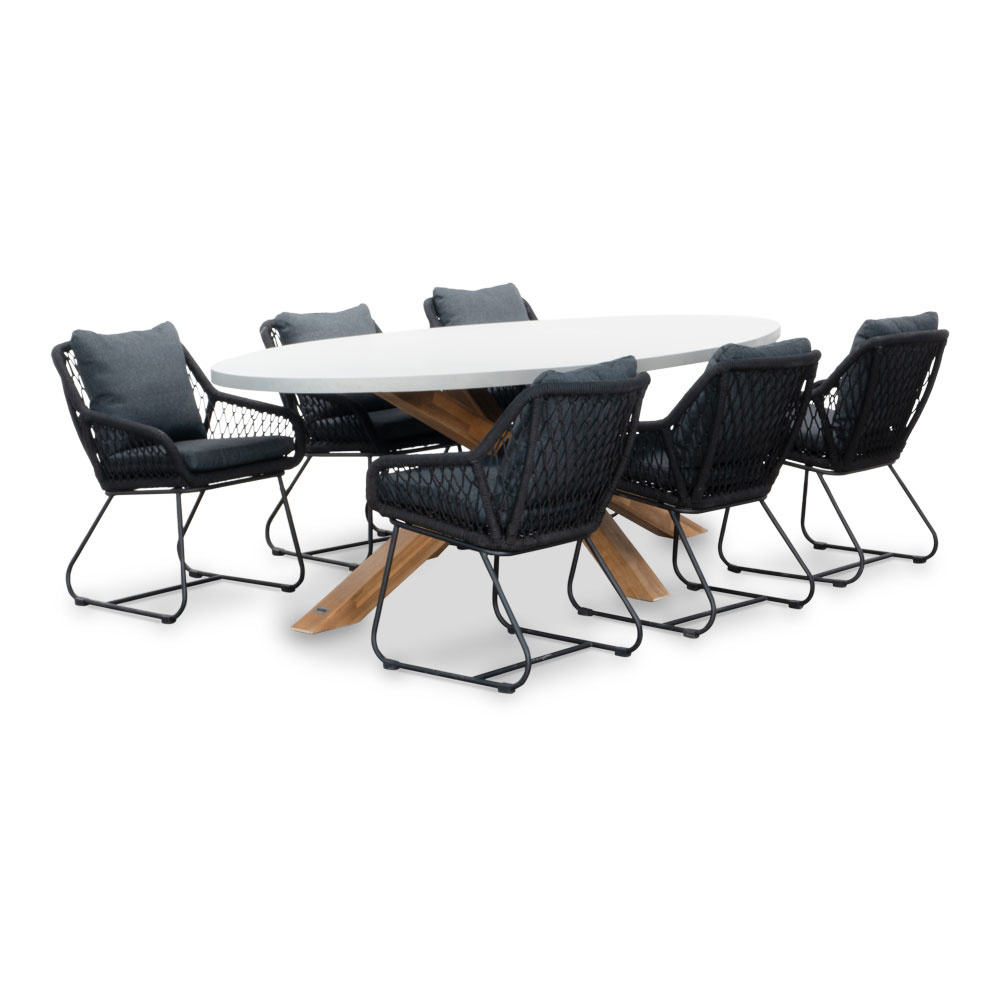 Livorno/Portofino zwart dining tuinset | 6 personen | betonlook + touw | 240cm ovaal afbeelding