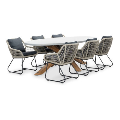 Livorno/Portofino zand dining tuinset | 6 personen | betonlook + touw | 240cm ovaal