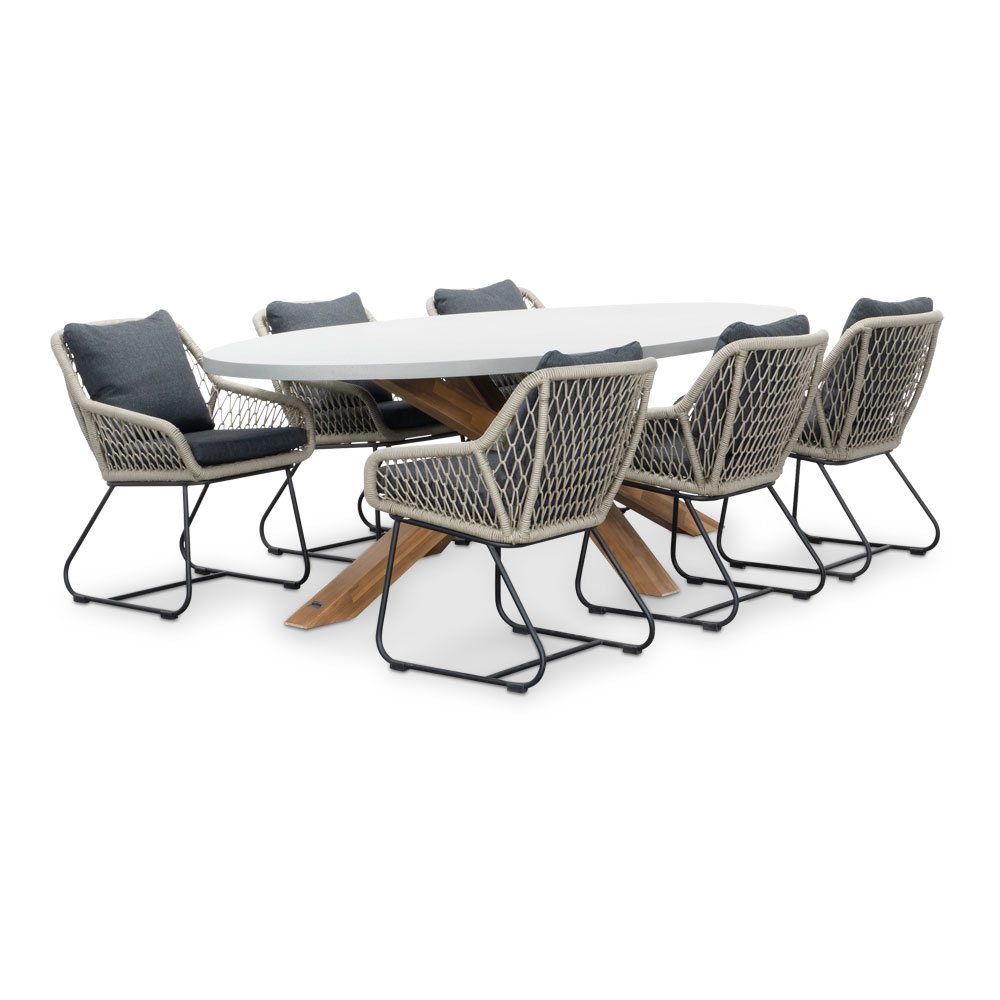 Livorno/Portofino zand dining tuinset | 6 personen | betonlook + touw | 240cm ovaal