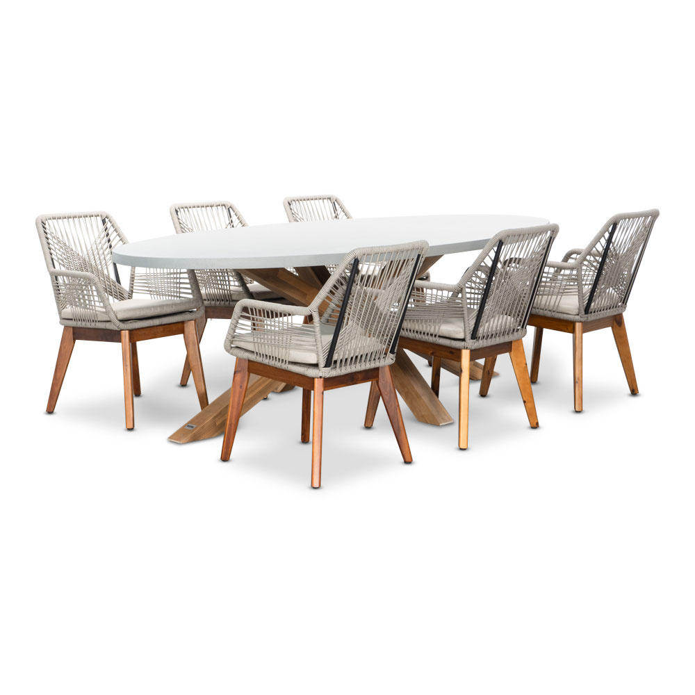 Livorno/Seville hout zand dining tuinset | 6 personen | betonlook + touw | 240cm ovaal afbeelding