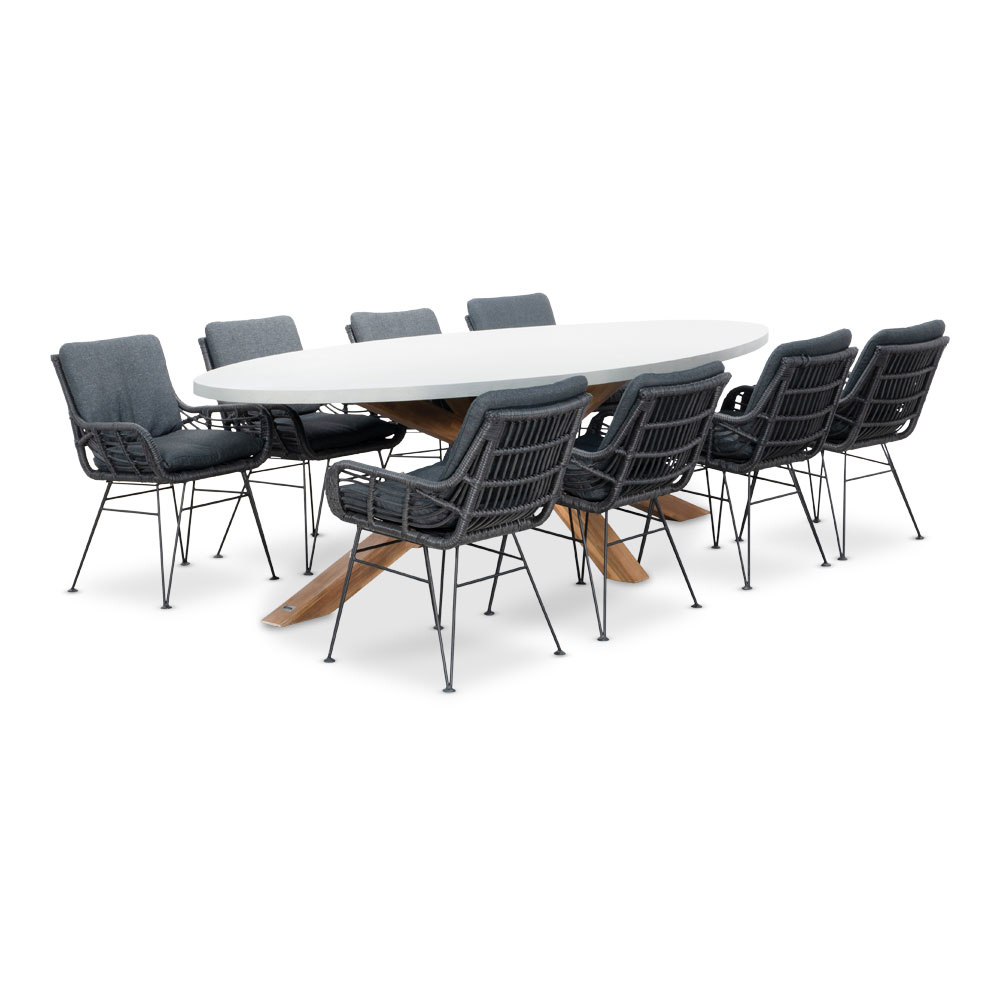 Livorno/Carlos Charcoal dining tuinset | 8 personen | betonlook + wicker | 280cm ovaal
