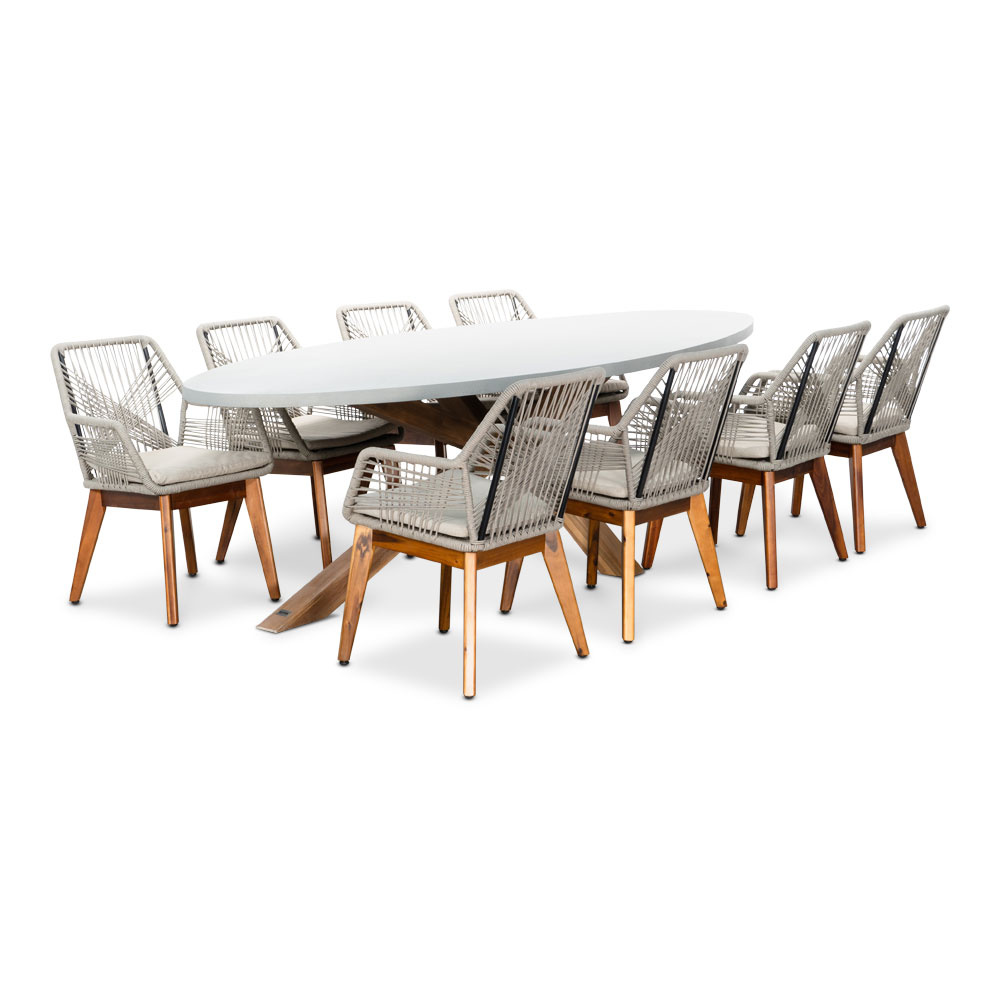 Livorno/Seville hout zand dining tuinset | 8 personen | betonlook + touw | 280cm ovaal afbeelding