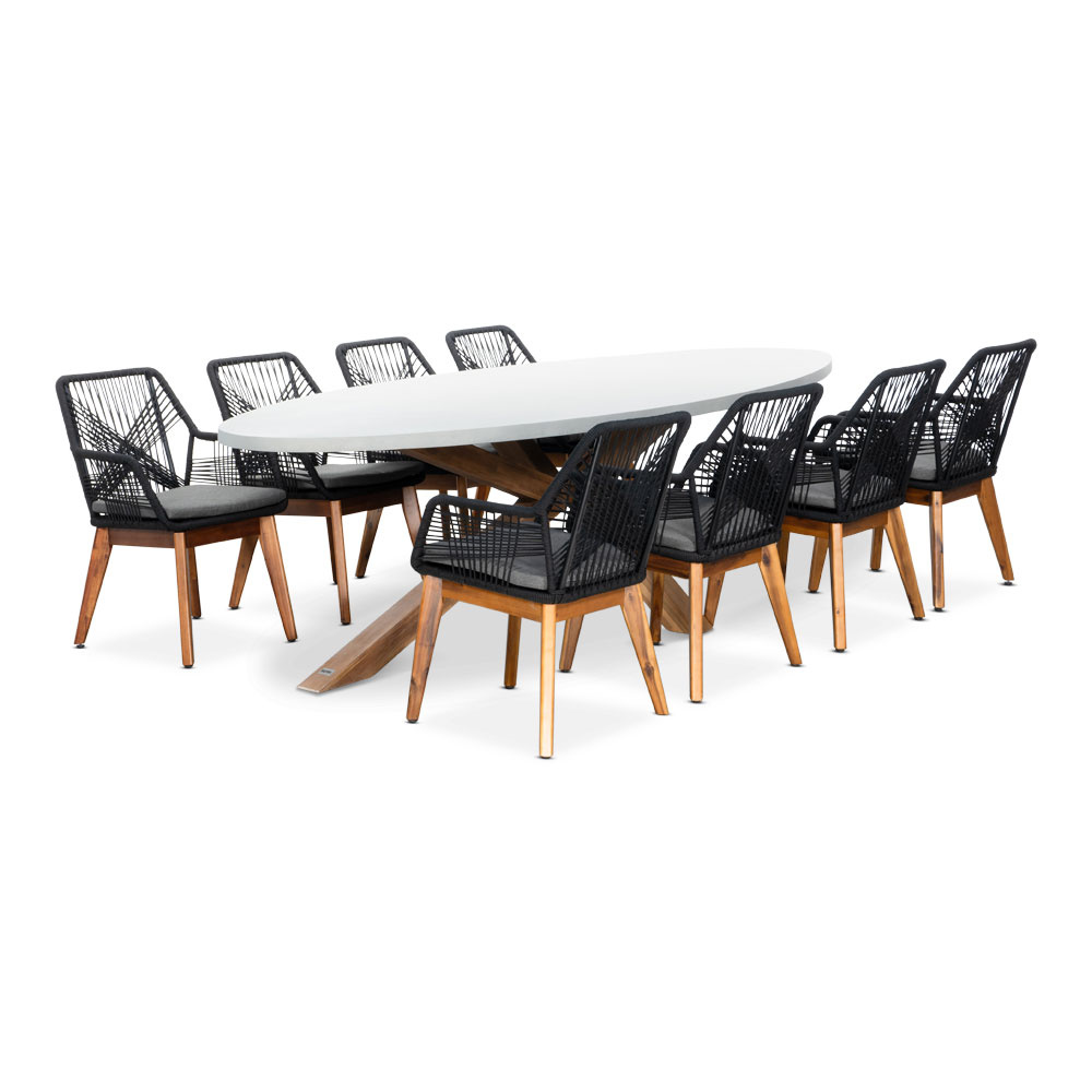 Livorno/Seville hout zwart dining tuinset | 8 personen | betonlook + touw | 280cm ovaal afbeelding