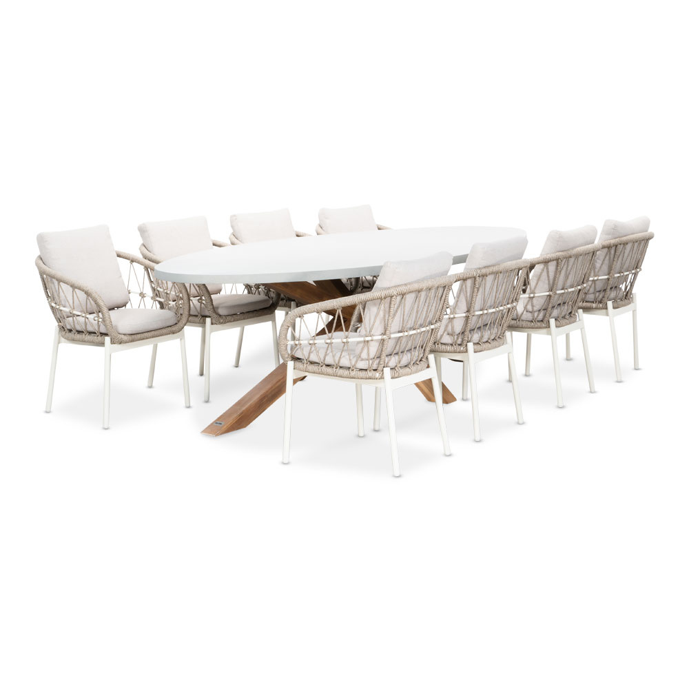 Livorno/Dakota beige/wit dining tuinset | 8 personen | betonlook + touw | 280cm ovaal afbeelding