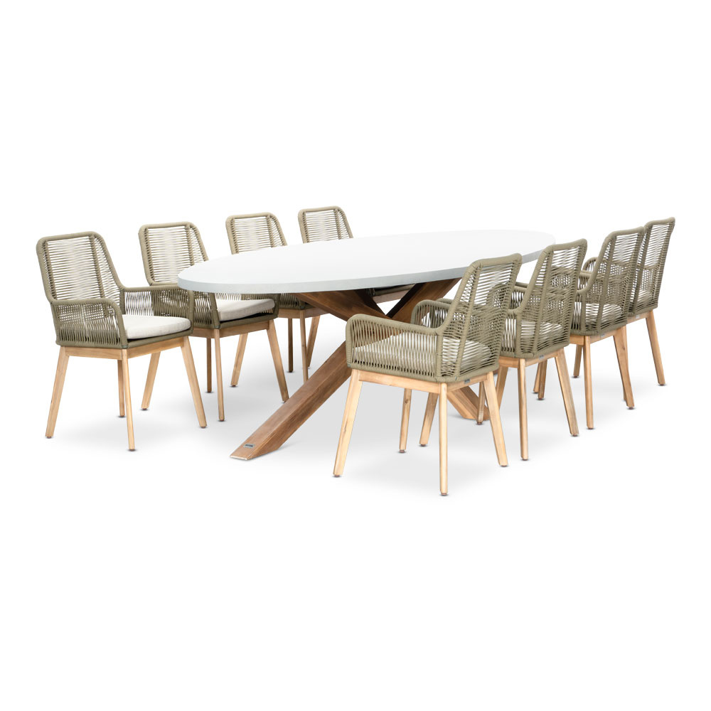 Livorno/Padua olijfgroen dining tuinset | 8 personen | betonlook + touw | 280cm ovaal