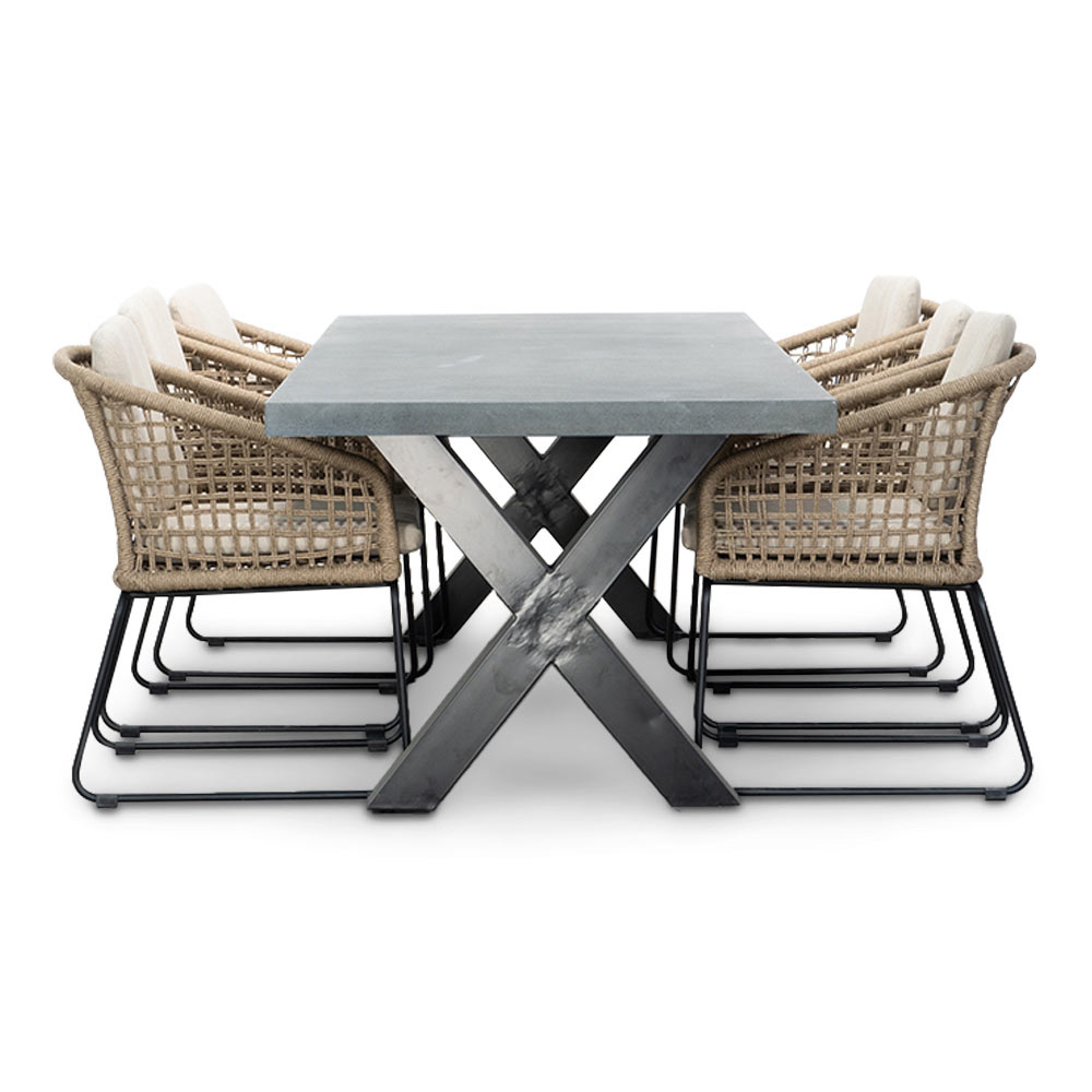Lyon/Tulum Sahara Dust dining tuinset | 6 personen | betonlook + touw | 250cm