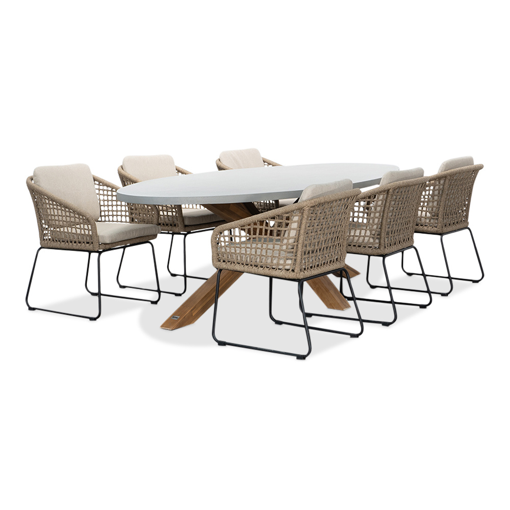 Livorno/Tulum Sahara Dust dining tuinset | 6 personen | betonlook + touw | 240cm ovaal
