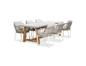 Veltis/Dakota beige/wit dining tuinset | 6 personen | betonlook + touw | 250cm