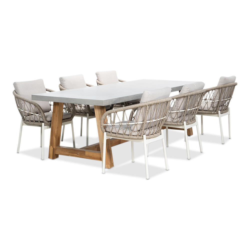 Veltis/Dakota beige/wit dining tuinset | 6 personen | betonlook + touw | 250cm afbeelding