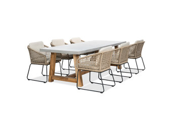 Veltis/Tulum Sahara Dust dining tuinset | 6 personen | betonlook + touw | 250cm