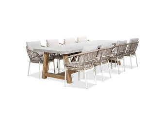 Veltis/Dakota beige/wit dining tuinset | 8 personen | betonlook + touw | 300cm