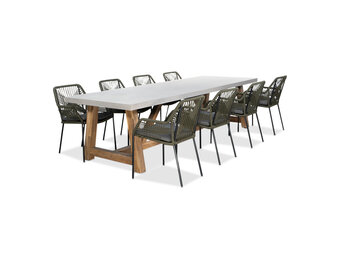 Veltis/Seville olijfgroen dining tuinset | 8 personen | betonlook + touw | 300cm