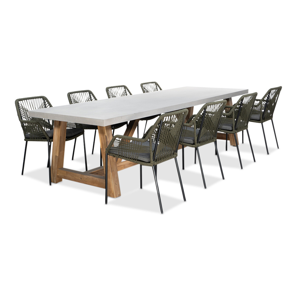 Veltis/Seville olijfgroen dining tuinset | 8 personen | betonlook + touw | 300cm