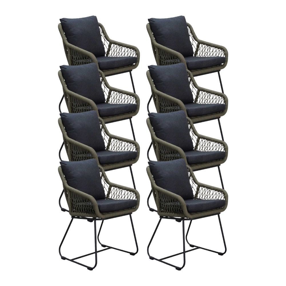 Portofino dining tuinstoel set van 8 | touw + RVS | olijfgroen